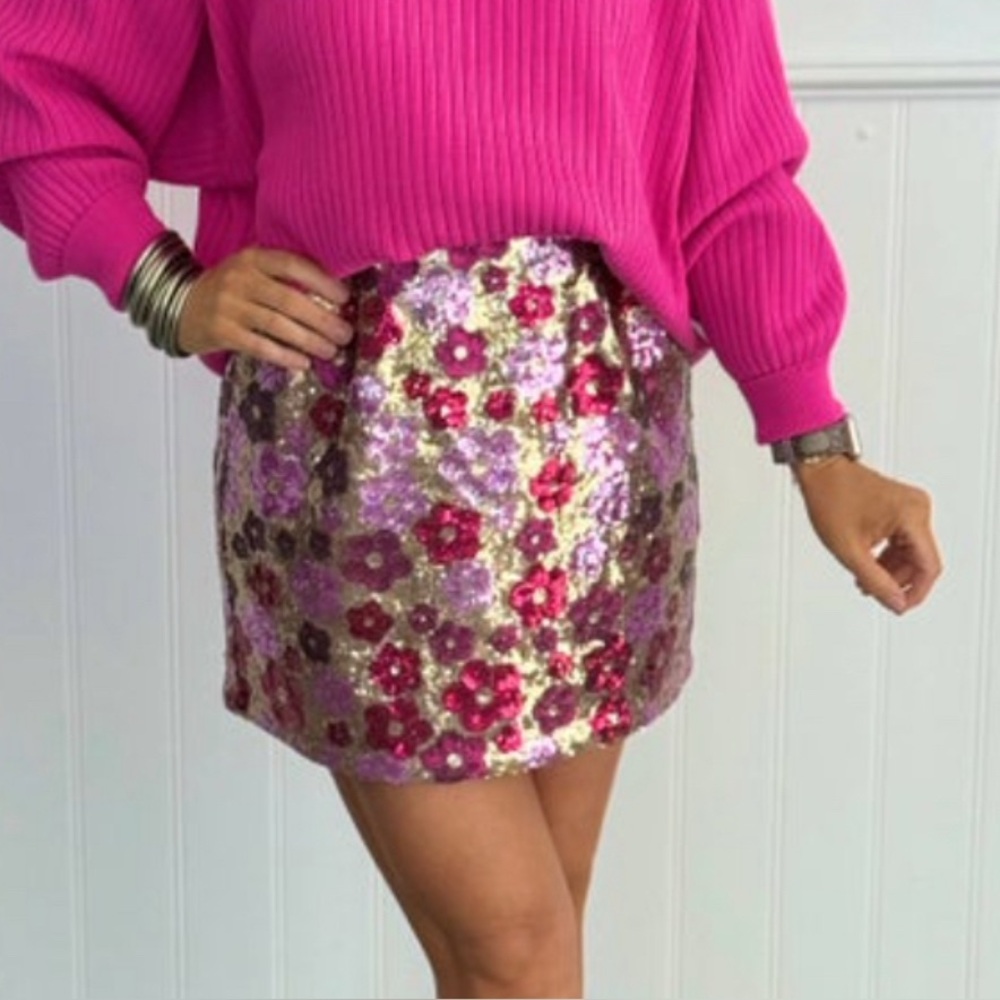 Magenta and Gold Floral Sequin Mini Skirt